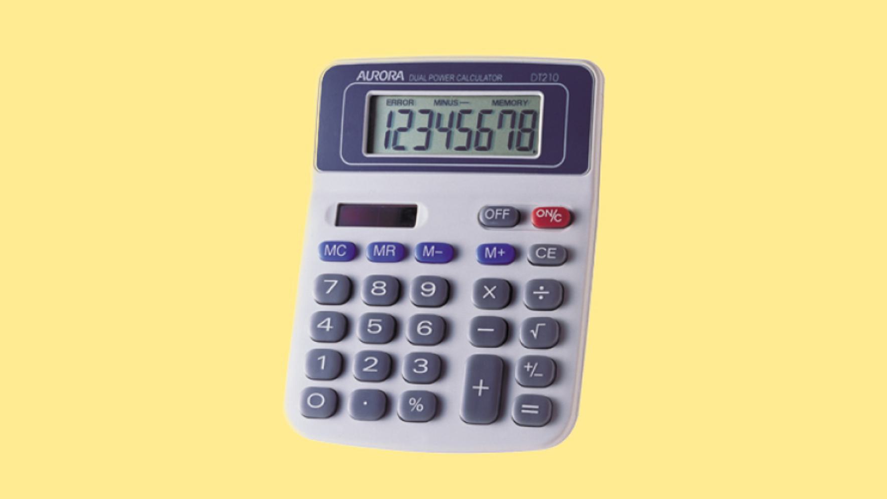 Aurora dt210 calculator isolated on a yellow background