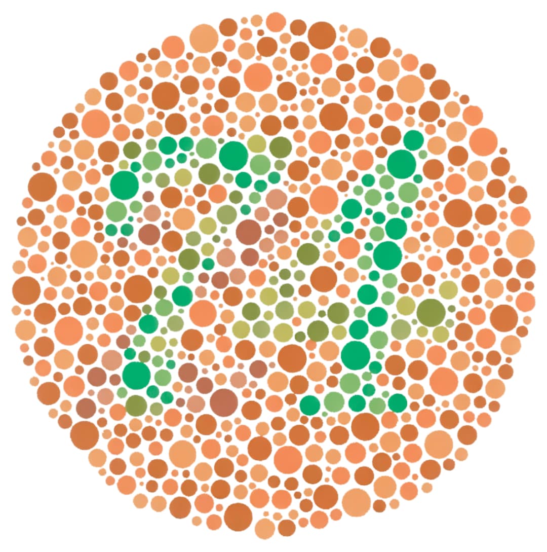 Ishihara test. A circle of dots of different sizes and shades of greens, yellows and reds. The number 74 should be visible in the centre of the circle if the viewer is not colour blind.
