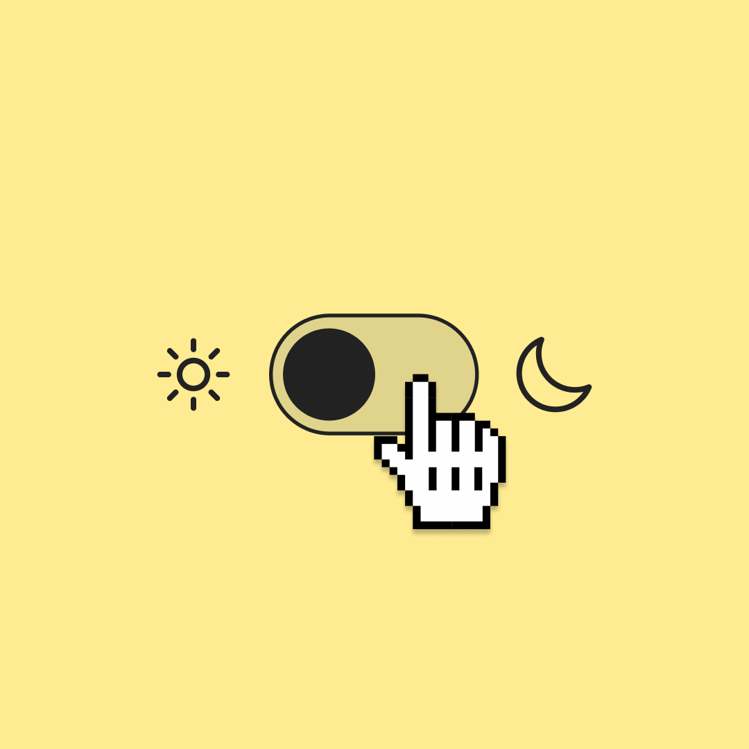 A graphic showing a toggle switch on a yellow background, with a sun icon on the left (light mode) and a crescent moon icon on the right (dark mode). A pixelated cursor is positioned over the toggle, moving it toward the moon icon.