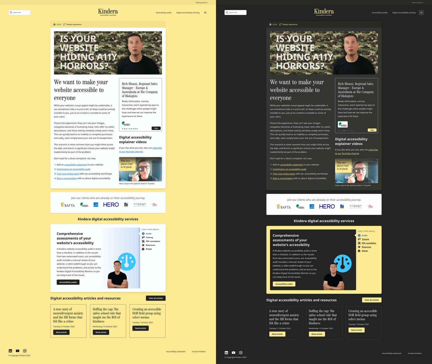 A side-by-side comparison of the Kindera website homepage. The left side shows the default light theme (yellow background with dark text) and the right side shows the accessible dark theme (dark grey background with light off-white text and yellow/blue accents), demonstrating how all content is preserved across both modes.