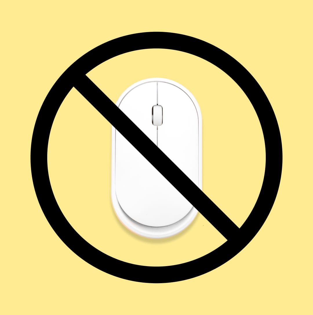 A white computer mouse isolated on a yellow background with a large black 'No entry’ symbol (circle with diagonal line) overlaying the image of the mouse