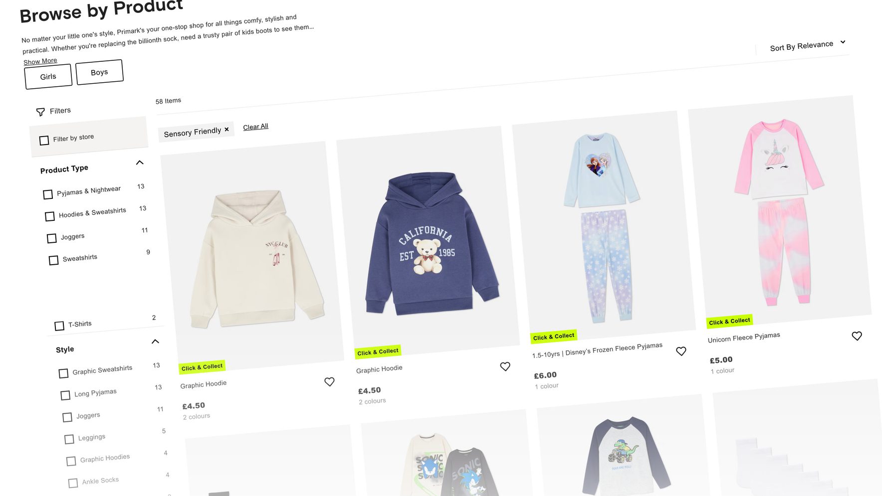 A screenshot of the Primark online shop showing the Kids department browsing page. The left sidebar is filtered by "Sensory Friendly", displaying several items including a beige graphic hoodie, a dark blue "California EST 1985" hoodie, Disney Frozen fleece pyjamas, and pink Unicorn fleece pyjamas.