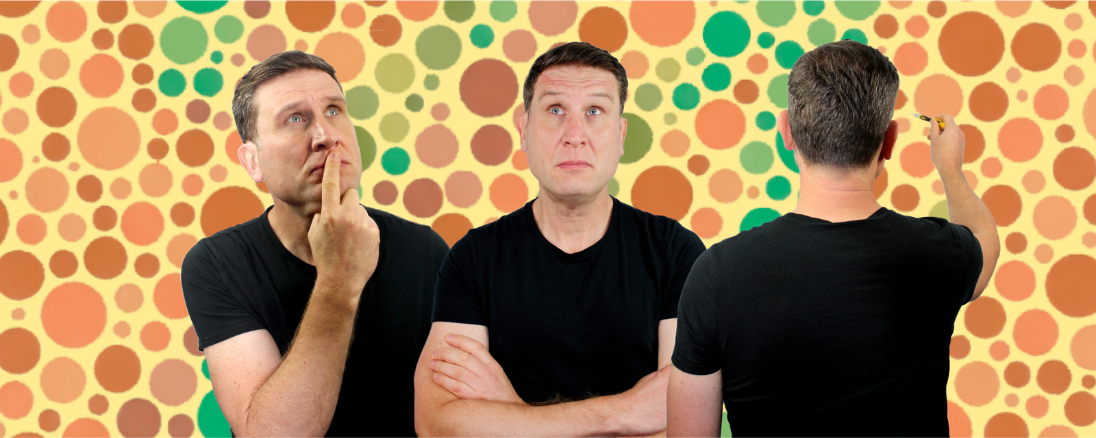 A triplet of cutout images of Simon aligned in a row. Each image is of Simon in different postures (left) finger to lips with a contemplative look on his face; (middle) crossed arms with gaze looking upwards (right) showing Simon from behind with right arm outstretched. The background is yellow with numerous circles of different sizes and shades of red, orange and green.