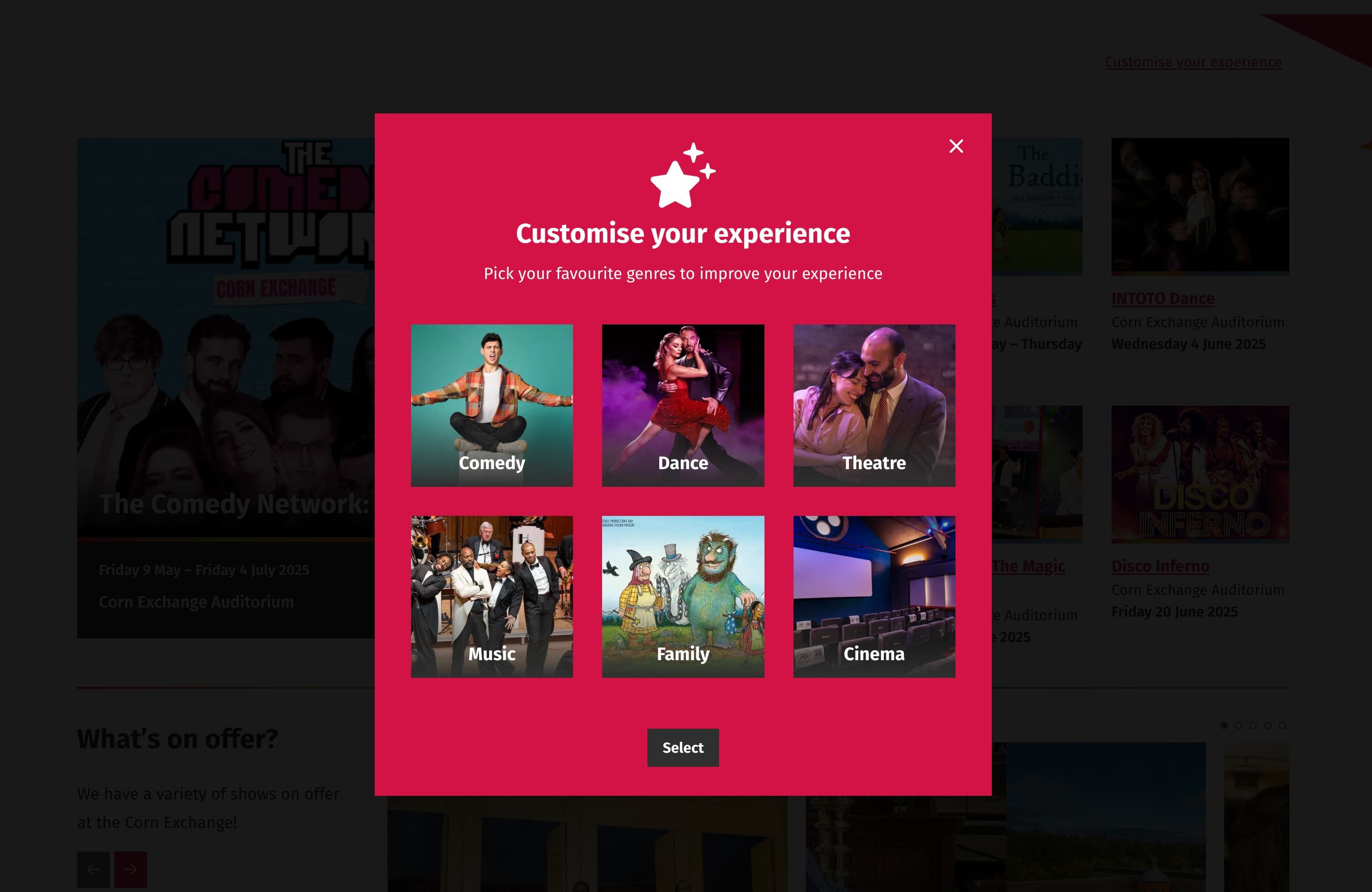 Customise your experience overlay panel on the Corn Exchange Newbury website
