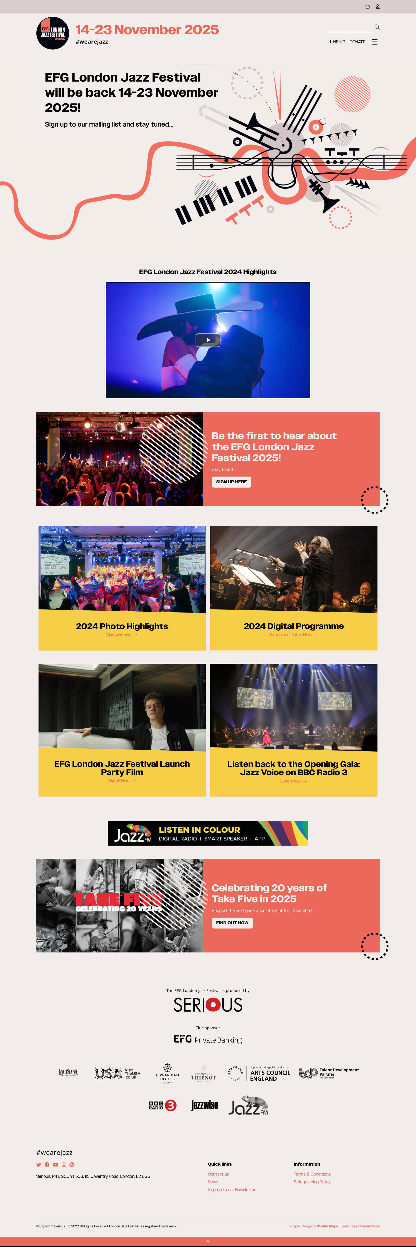 A screenshot of the EFG London Jazz Festival website home page