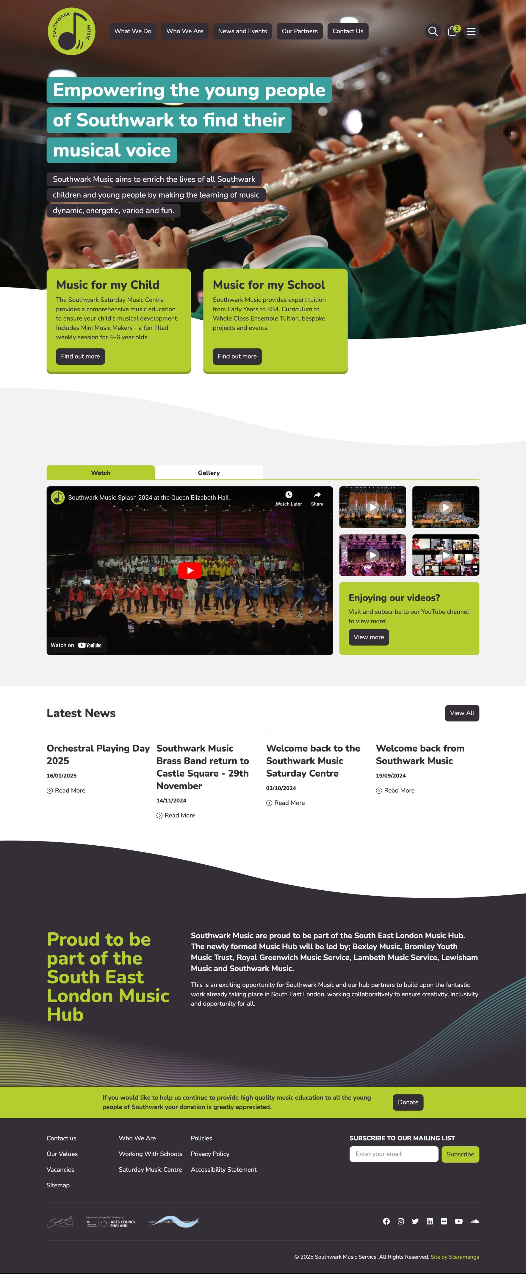 The home page from the Southwark Music Service website