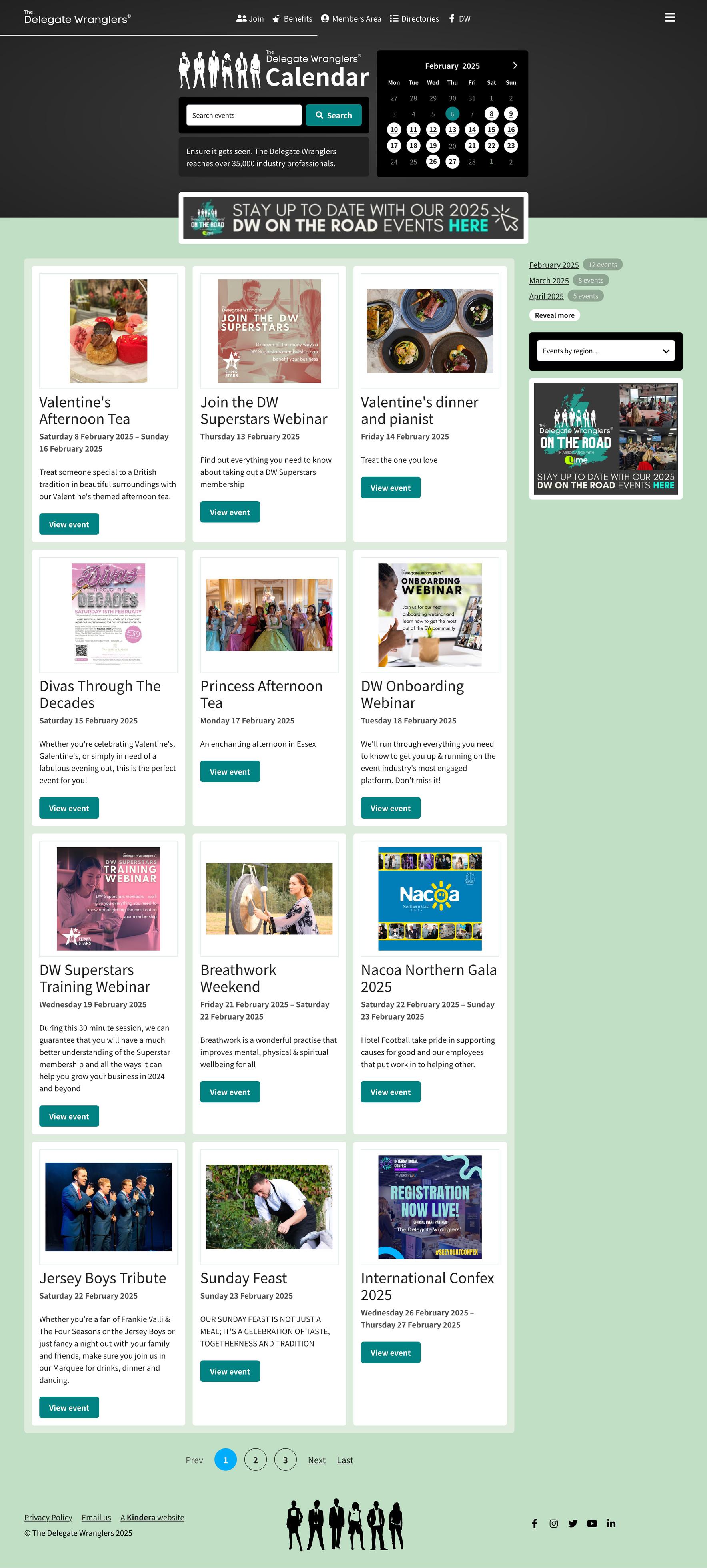 The events calendar page from The Delegate Wranglers website