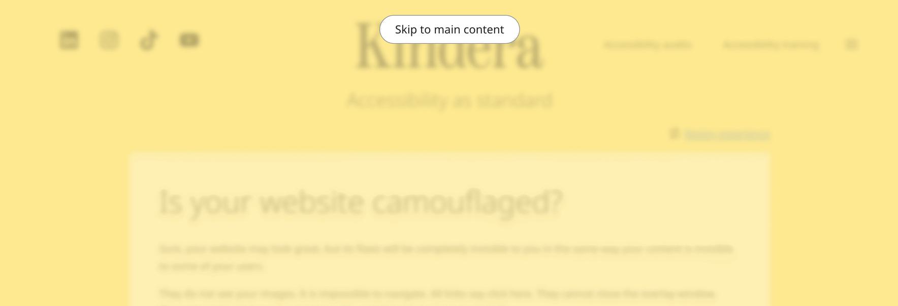 Screenshot of the Kindera home page with a ‘Skip to main content’ link overlaying the page.
