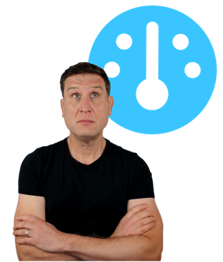 Simon (a clean shaven middle-aged white male with brown hair) wearing a black t-shirt and crossed arms, standing in front of a large blue Gauge icon. His gaze is slightly tilted upwards staring towards the icons.
