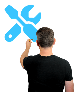 Simon (a clean shaven middle-aged white male with brown hair) wearing a black t-shirt with his back towards the viewer. He has one hand pointing towards a large blue icon of screwdriver and wrench positioned in an x shape.