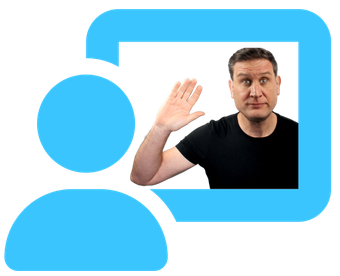 Simon (a clean shaven middle-aged white male with brown hair) waving one hand. He is inset in the screen areas of a large blue icon of a presenter (made of a simple head shape) in front of a rectangle screen.